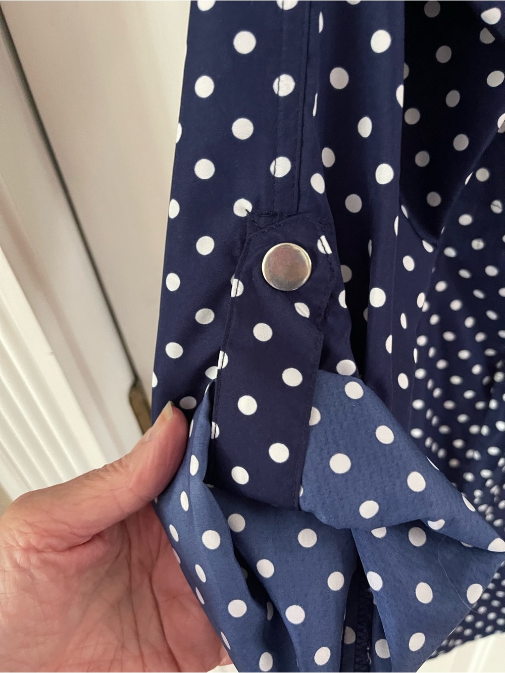 Modcloth Navy and White Polka Dot Rain Coat with Red Drawstrings - Picture 5 of 9